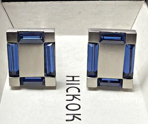 Vintage Hickok Blue Baguette Glass Cufflinks Silver Tone Geometric Modernist Box